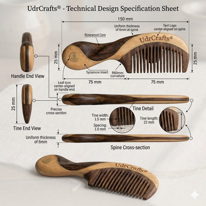 UdrCrafts® Designer Curved Wooden Comb – Wide Tooth Hair Detangling Comb with Anti-Static Seamless Teeth, Ideal for Daily Scalp Massage & Gifting