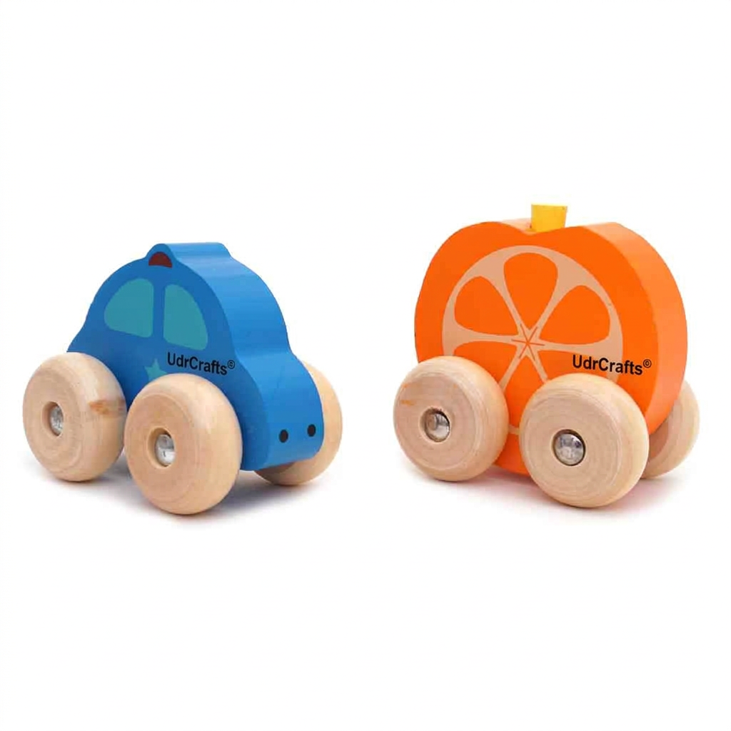 UdrCrafts® Montessori Wooden Mini Car Set Beech Wood Trolley & Grasping Toys for Kids Fun Fruits & Vehicles Design (Pack of 4)