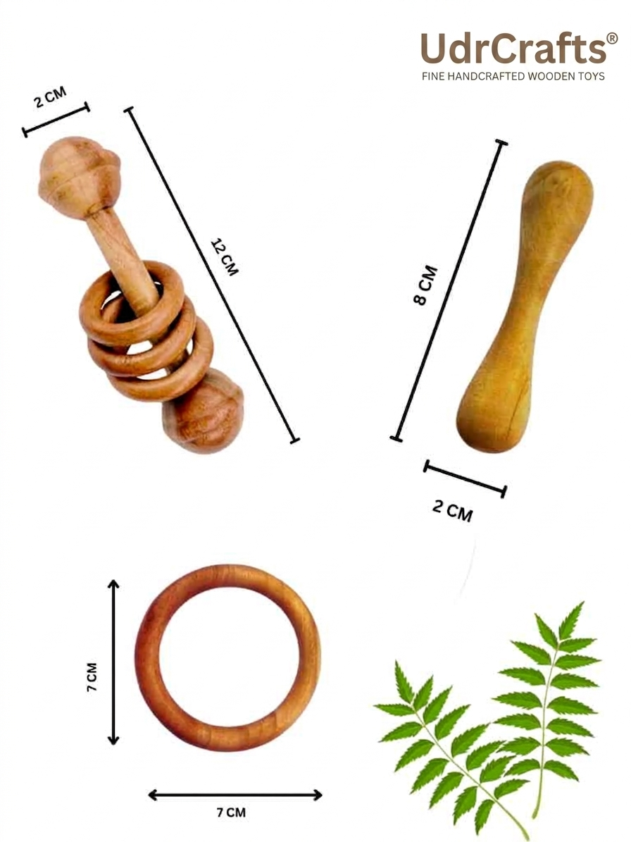 UdrCrafts® Baby Teether Combo Pack of 3 – Organic Neem Wood Teether Combo - 1 Ring, 1 Rattle, 1 Dumbbell Nibbler – Safe Natural Teething Toys | Wooden Teethers for 6 to 12 Months Baby
